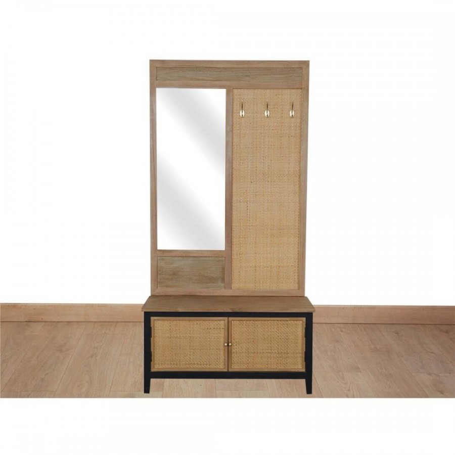 Mueble zapatero perchero espejo madera pino ratán 92x38x181 cm Romimex