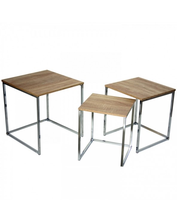 Set 3 mesas madera natural con patas acero 53x39x48 42x36x42+33x33x37 83440 - 1